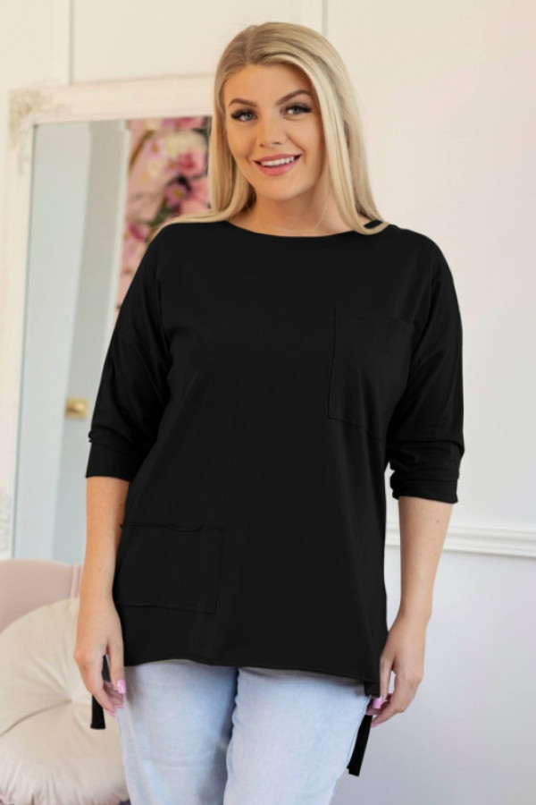 Bluzka damska w kolorze czarnym dłuższy tył kieszeń rękaw 3/4 celestia