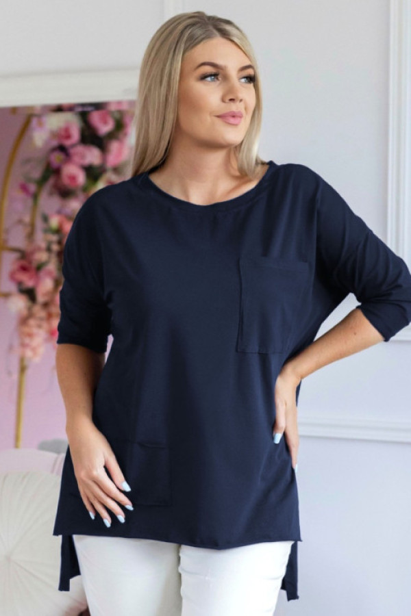 Bluzka damska w kolorze granatowym dłuższy tył kieszeń rękaw 3/4 celestia