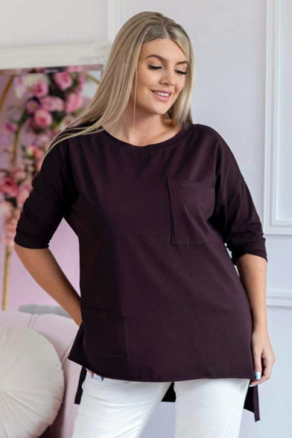 Bluzka damska w kolorze czekoladowym dłuższy tył kieszeń rękaw 3/4 celestia