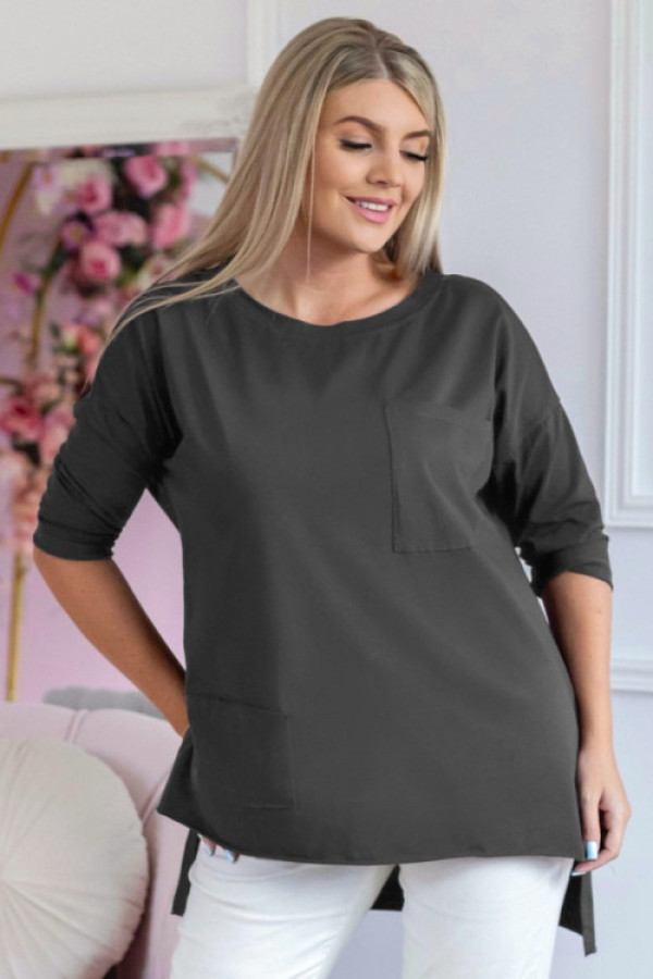 Bluzka damska w kolorze grafitowym dłuższy tył kieszeń rękaw 3/4 celestia