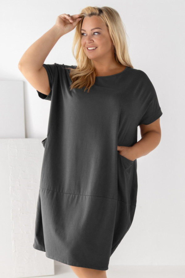 Bawełniana sukienka plus size w kolorze grafitowym z kieszeniami przeszycie miley