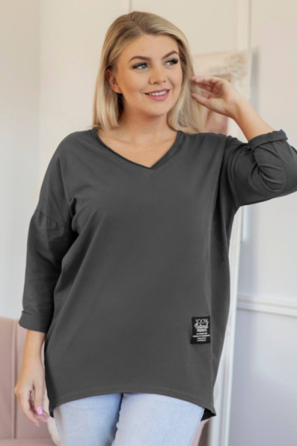 Bluzka damska w kolorze grafitowym dekolt w serek v casual naszywka rosella