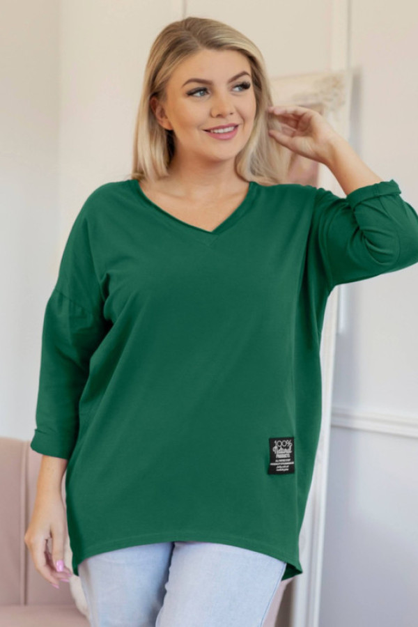 Bluzka damska w kolorze butelkowym dekolt w serek v casual naszywka rosella