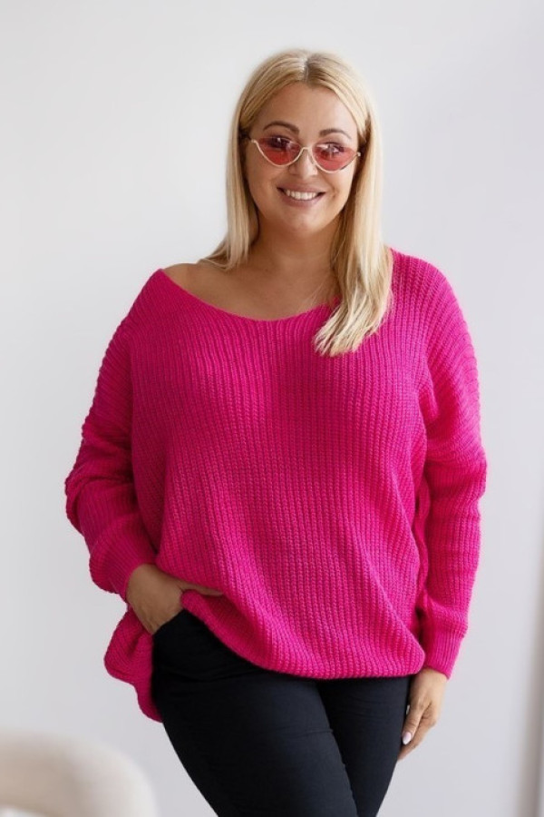 Duży oversize sweter damski w kolorze fuksji dekolt v nietoperz vanesa