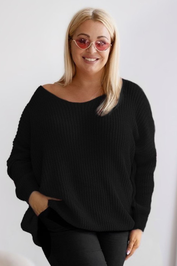 Duży oversize sweter damski w kolorze czarnym dekolt v nietoperz vanesa