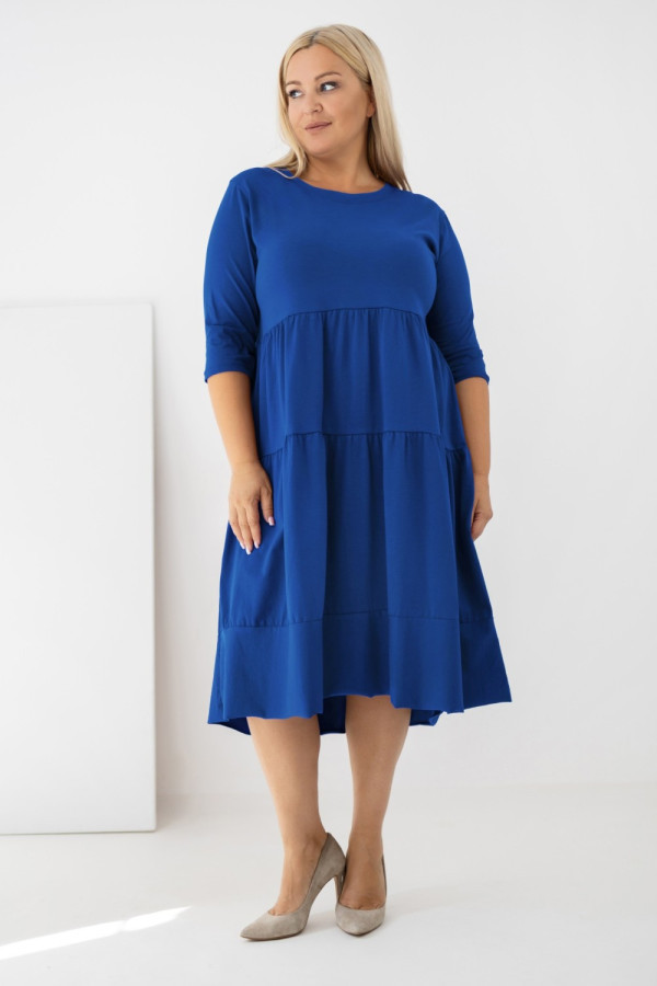 Sukienka plus size w kolorze kobaltowym z 3/4 rękawem falbany feria