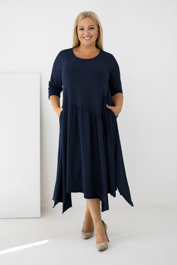 Mega oversize sukienka w kolorze granatowym rękaw 3/4 przeszycia kieszenie paloma