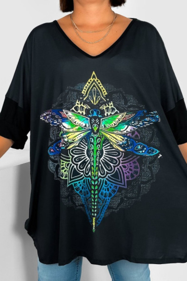 Tunika damska plus size dekolt w serek nietoperz wzór ważka mandala 3/4 rękaw weenie