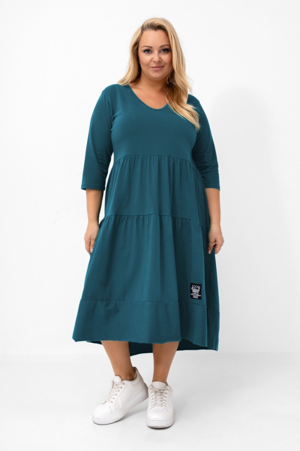 Sukienka plus size w kolorze morskim rękaw 3/4 dekolt w serek v falbany dolores