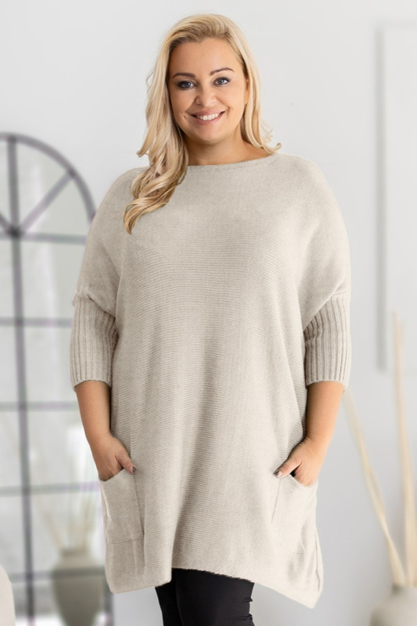 Mega oversize sweter damski w kolorze jasnobeżowym ściągacze kieszonki gopi