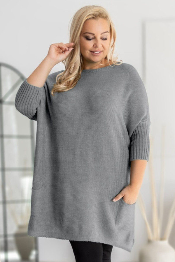 Mega oversize sweter damski w kolorze szarym ściągacze kieszonki gopi