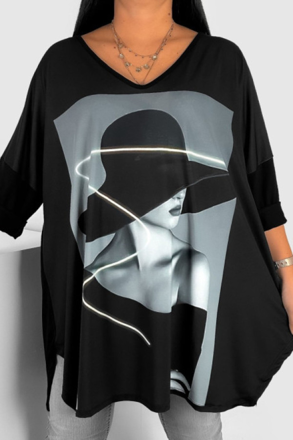 Tunika plus size dekolt w serek v wzór kobieta kapelusz neon rękaw 3/4 weenie