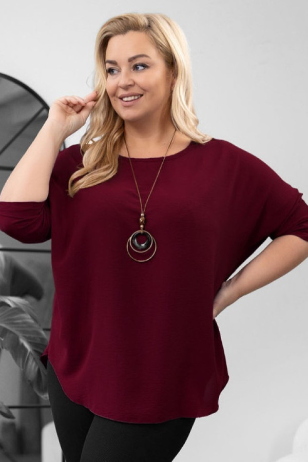 Duża bluzka w kolorze burgundowym oversize podpinany rękaw z naszyjnikiem anne