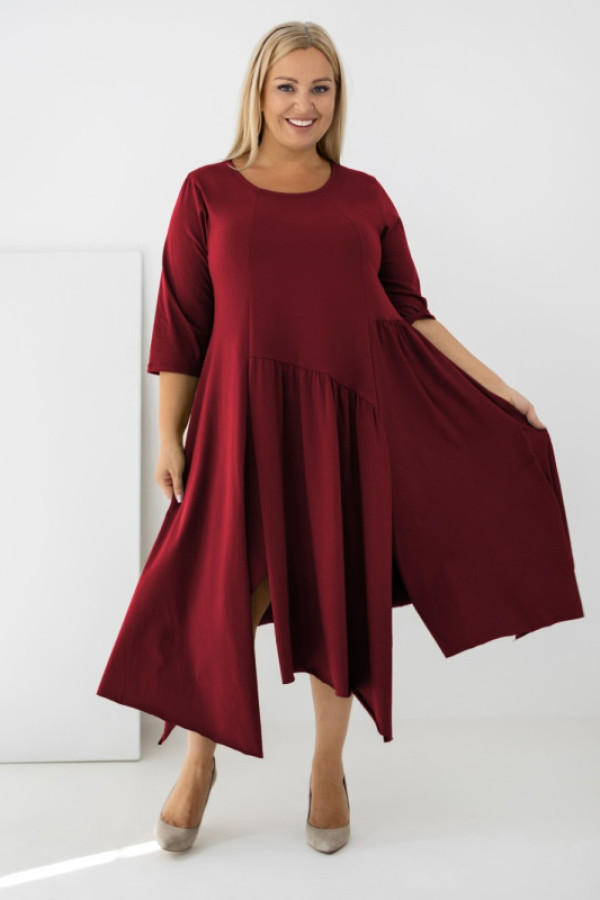 Mega oversize sukienka w kolorze burgundowym rękaw 3/4 przeszycia kieszenie paloma