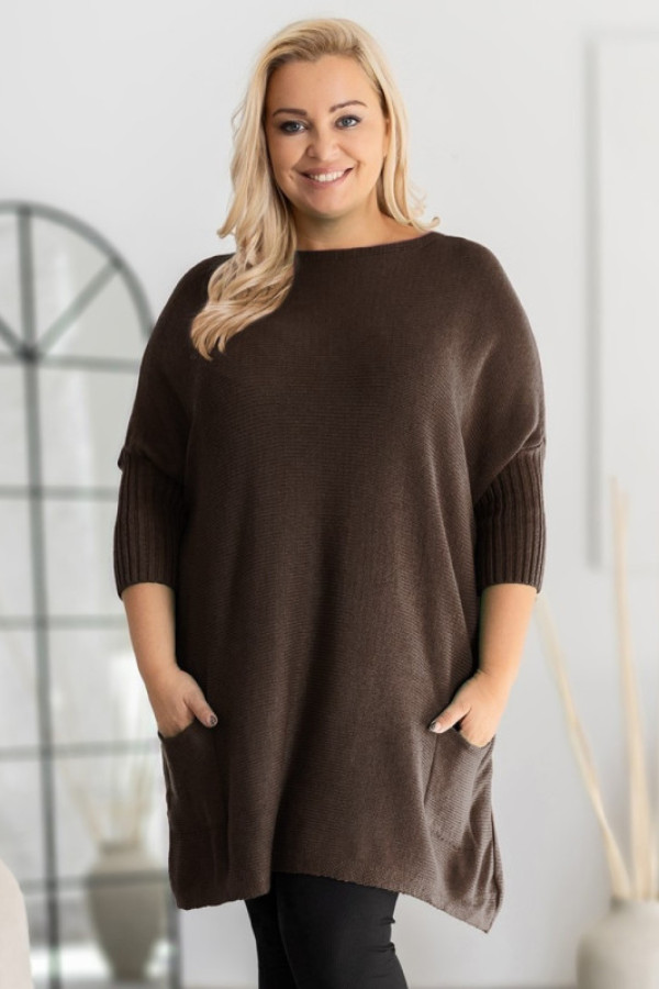 Mega oversize sweter damski w kolorze czekoldowym ściągacze kieszonki gopi