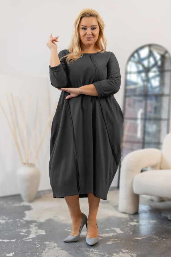 Dresowa sukienka bombka w kolorze grafitowym z kieszeniami przeszycia jaśmina