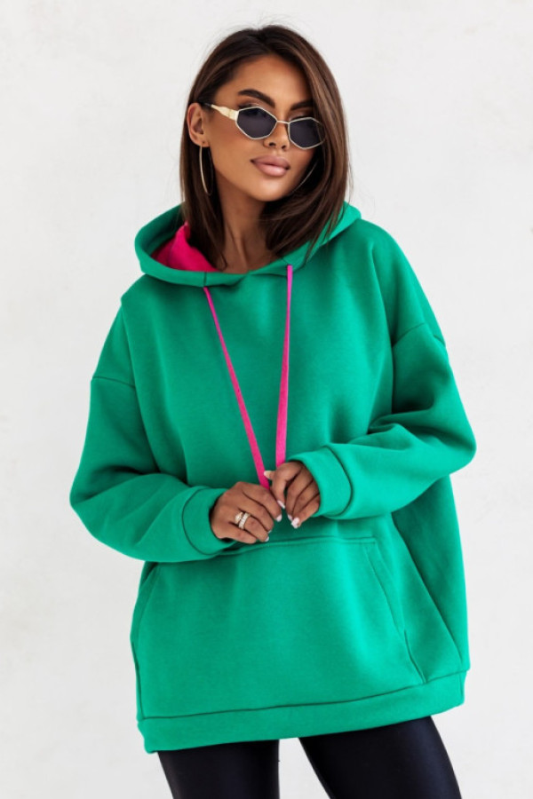 Ciepła bluza damska plus size z dwukolorowym kapturem w kolorze zielono fuksjowym javen