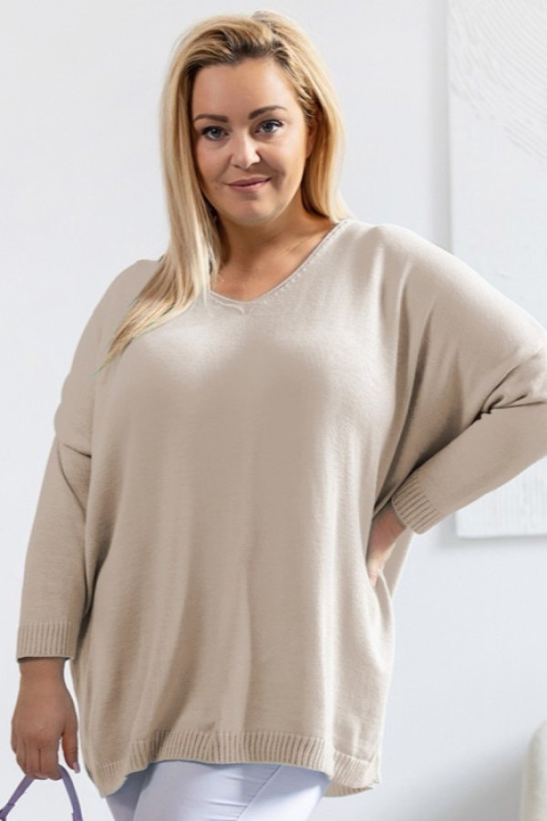 Mega oversize sweter damski w kolorze beżowym dekolt v dafne