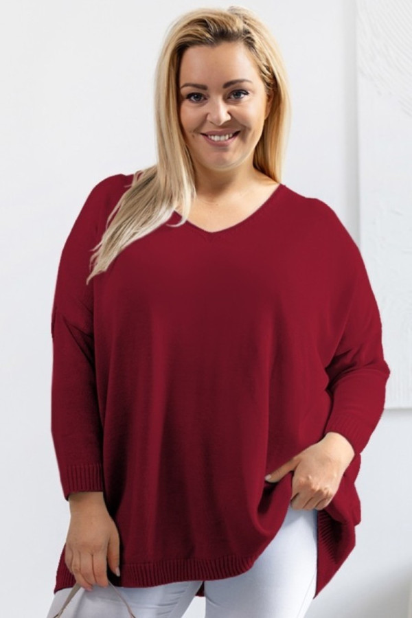 Mega oversize sweter damski w kolorze bordowym dekolt v dafne