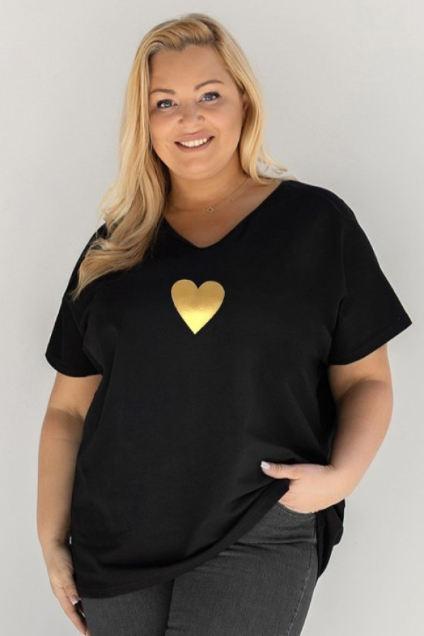 T-shirt damski plus size w kolorze czarnym dekolt w serek złoty nadruk serce herin