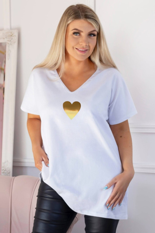 T-shirt damski plus size w kolorze białym dekolt w serek złoty nadruk serce herin
