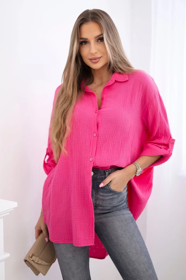 Muślinowa koszula oversize w kolorze fuksji podpinane rękawy ester