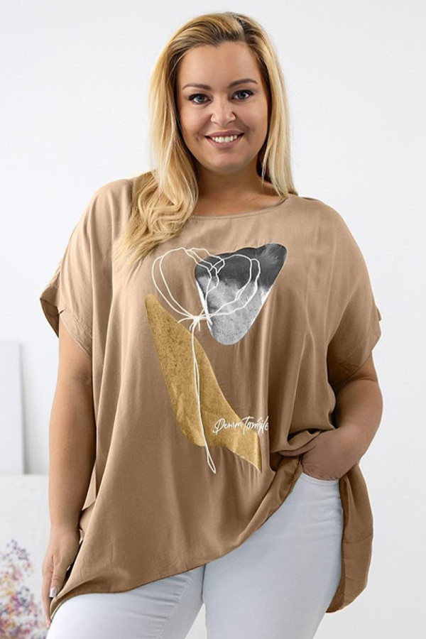 Mega oversize tunika w kolorze karmelowym nadruk złoto srebrny kwiat trecy