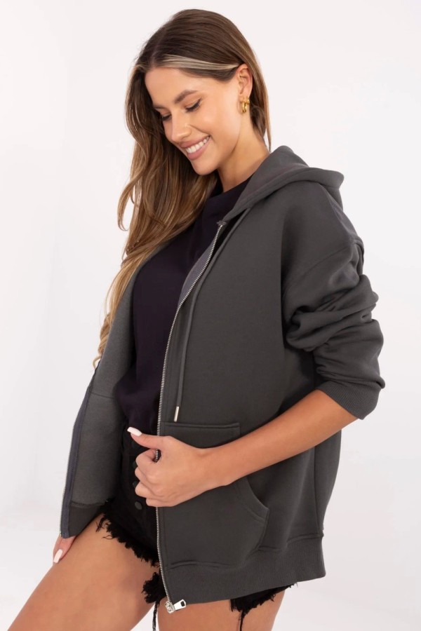 Bluza damska plus size na zamek w kolorze grafitowym z kapturem kieszenie jett