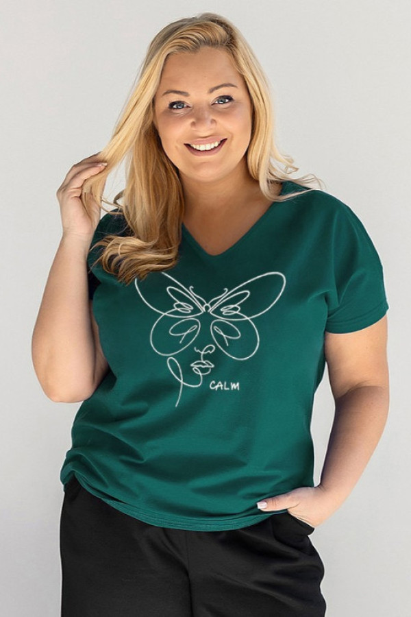 T-shirt damski plus size w kolorze dark petrol dekolt w serek srebrny nadruk motyl twarz zuma