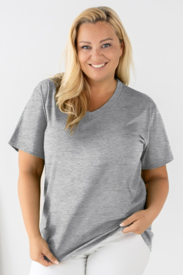 Bluzka damska plus size w kolorze szarego malenżu dekolt w serek krótki rękaw hanabi