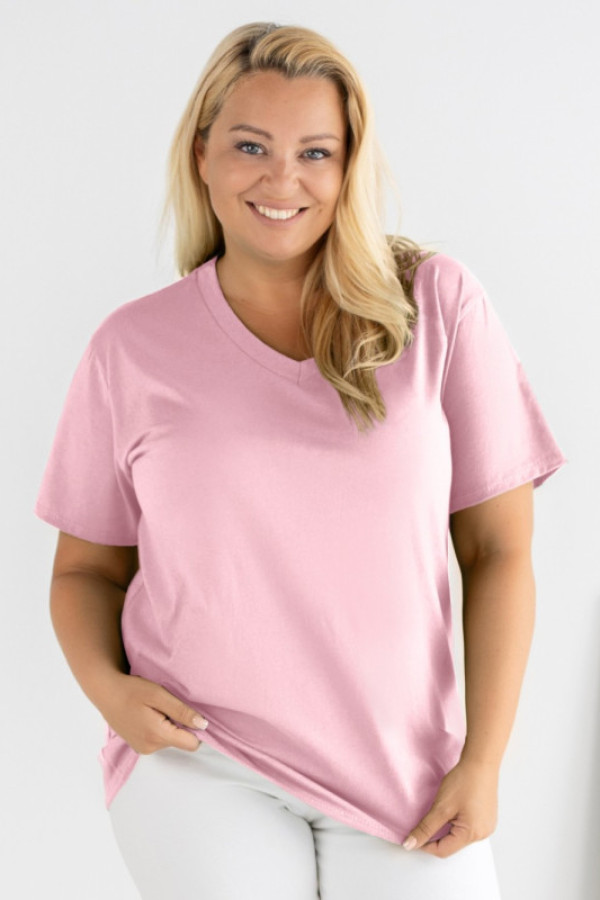 Bluzka damska plus size w kolorze jasnoróżowym dekolt w serek krótki rękaw hanabi