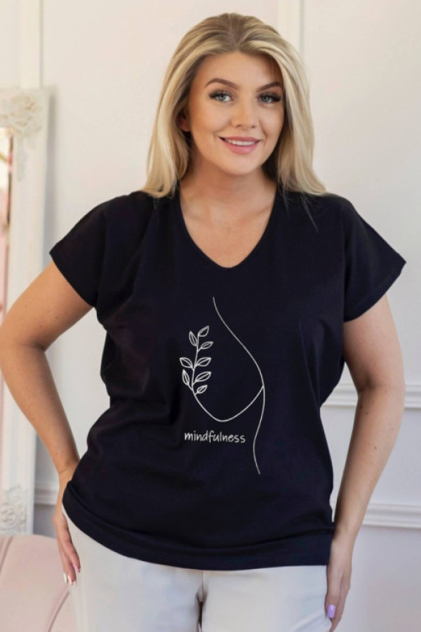 T-shirt damski plus size w kolorze czarnym dekolt w serek nadruk line art mindfulness