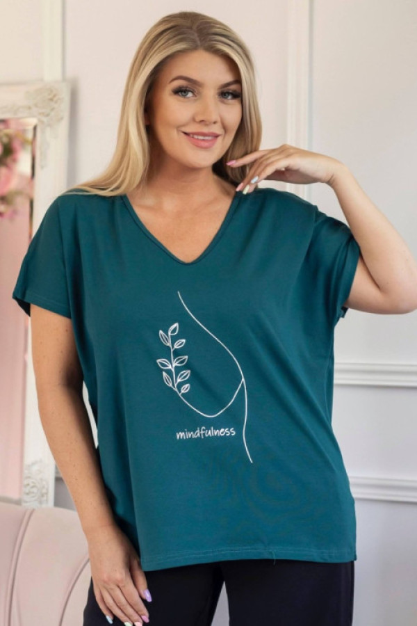 T-shirt damski plus size w kolorze dark petrol dekolt w serek nadruk line art mindfulness