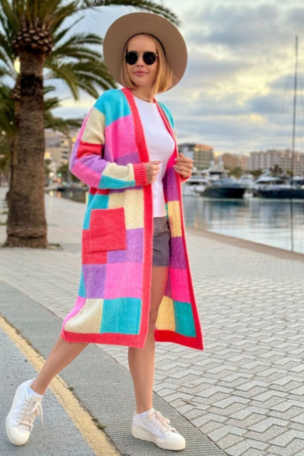 Długi kolorowy kardigan w kolorze koralowym + niebieski z kieszeniami sophina