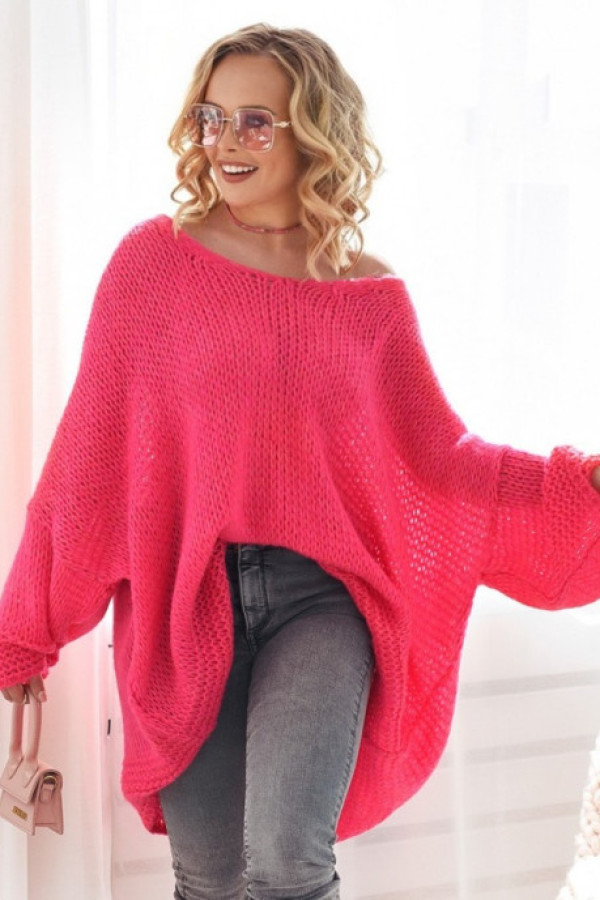 Sweter damski oversize w kolorze fuksji dekolt w serek rachel