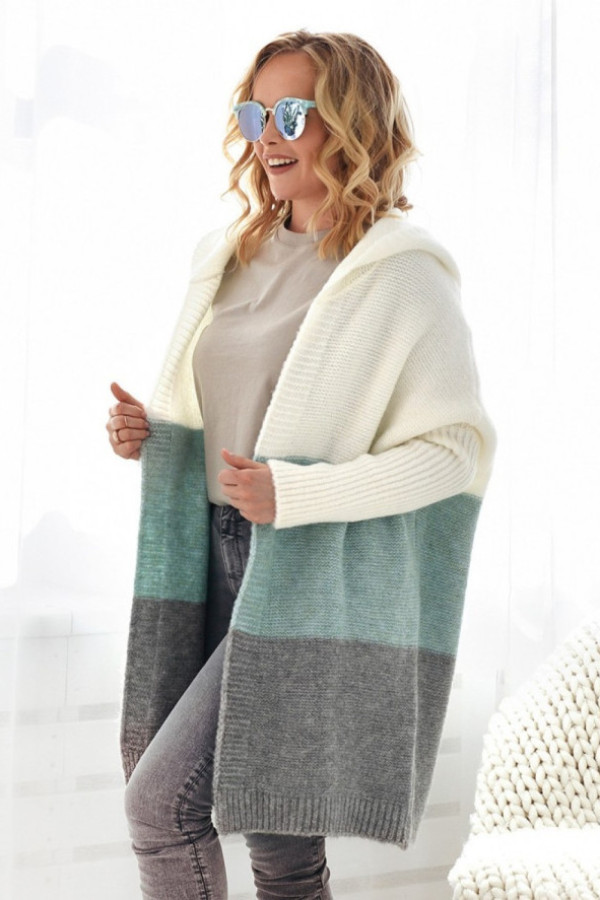 Długi kardigan oversize trio w kolorze ecru - turkus z kapturem almer