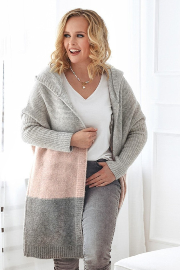 Długi kardigan oversize trio w kolorze szary - puder z kapturem almer