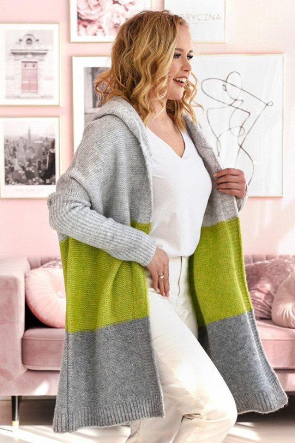 Długi kardigan oversize trio w kolorze szary - limonka z kapturem almer