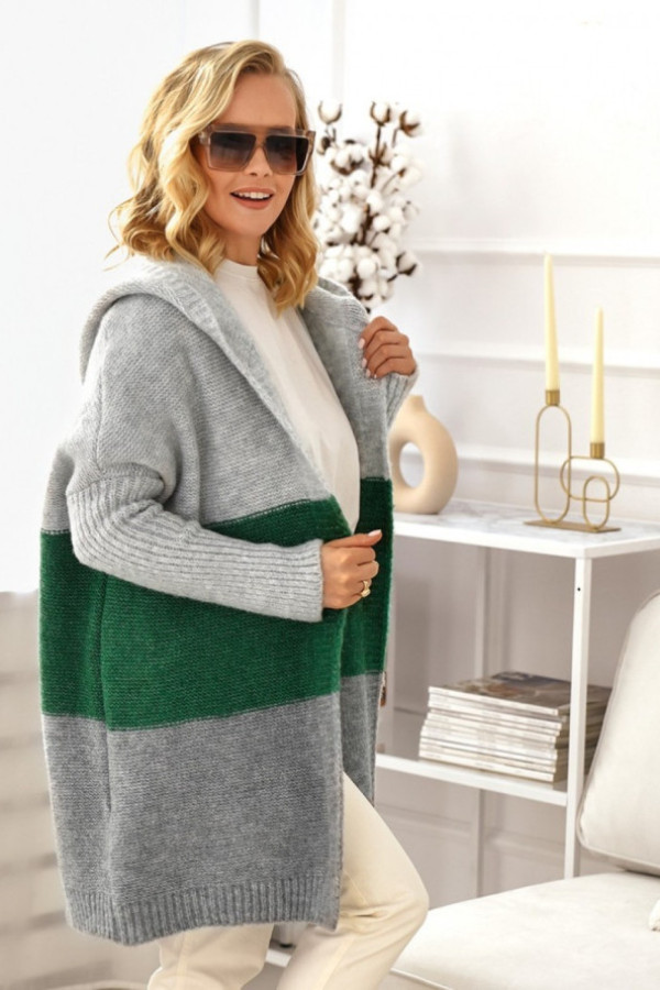 Długi kardigan oversize trio w kolorze szary - zielony z kapturem almer