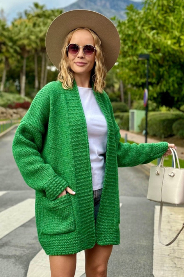 Sweter kardigan oversize narzutka w kolorze zielonym z kieszeniami jefa
