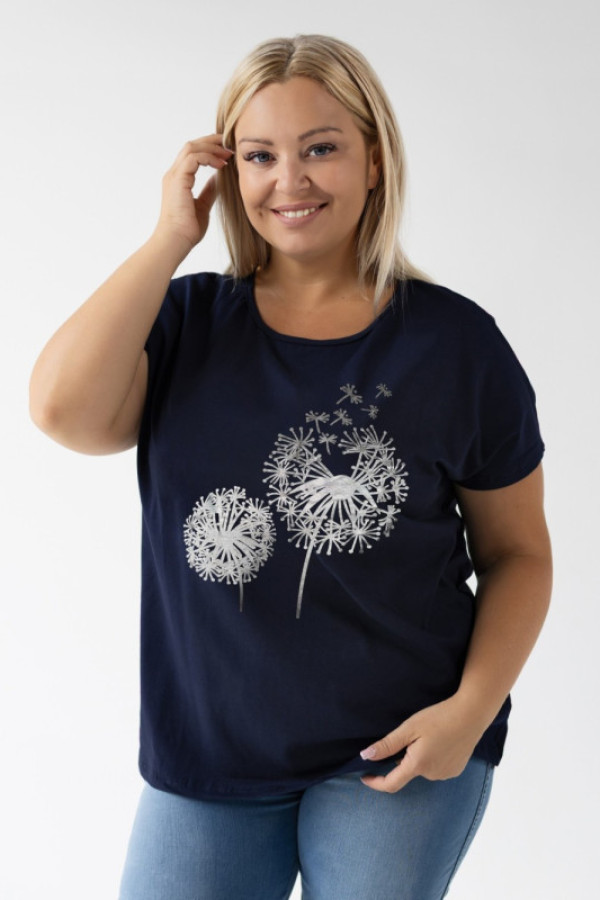 T-shirt damski plus size w kolorze granatowym okrągły dekolt srebrny nadruk dmuchawce addy