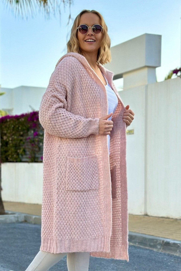 Długi kardigan sweter oversize w kolorze pudrowym z kapturem darryl