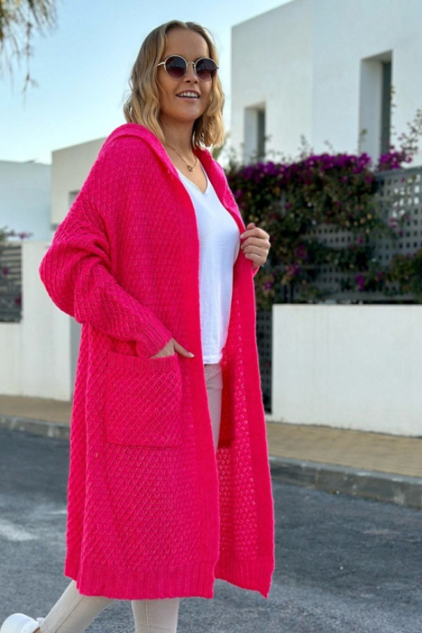 Długi kardigan sweter oversize w kolorze fuksji z kapturem darryl