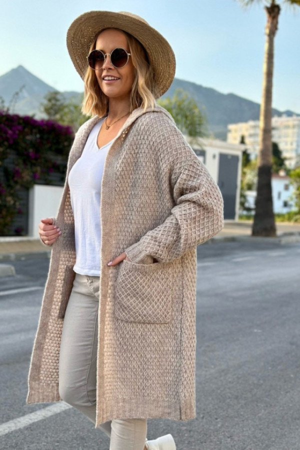 Długi kardigan sweter oversize w kolorze beż z kapturem darryl