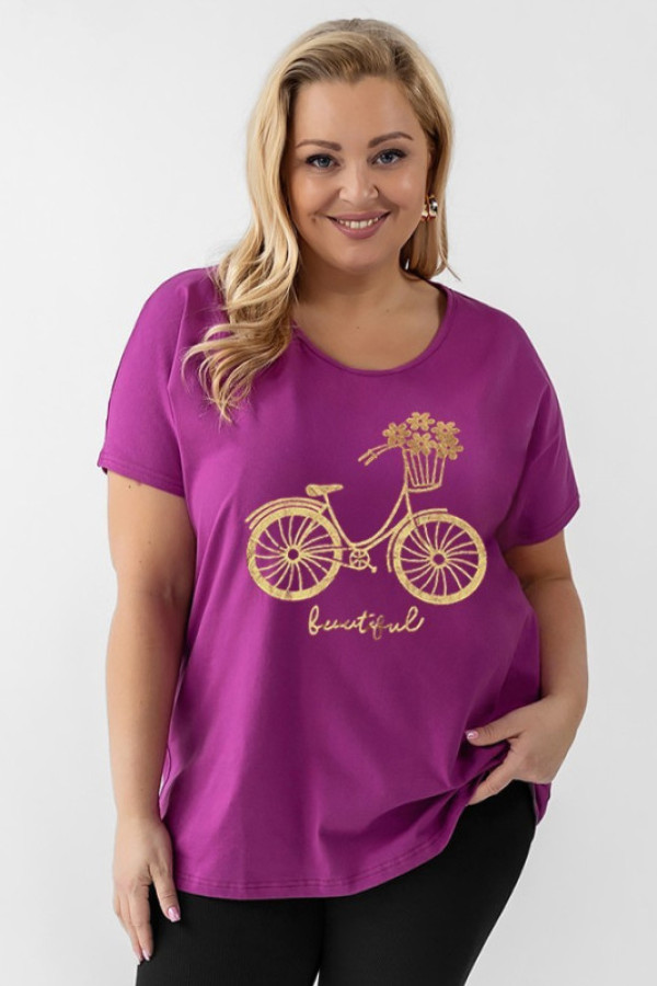 T-shirt damski plus size w kolorze magenta okrągły dekolt złoty nadruk rower