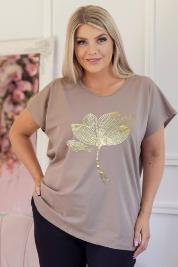 T-shirt damski plus size w kolorze fango okrągły dekolt złoty nadruk liście luma