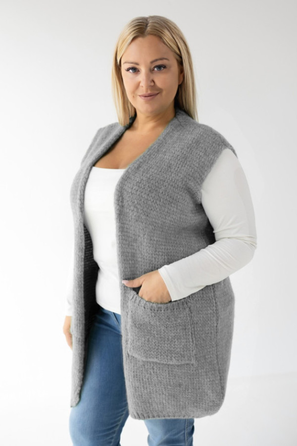 Długa narzutka sweter kamizelka w kolorze grafitowym z kieszeniami jenn