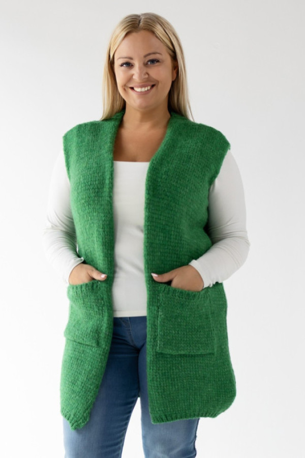 Długa narzutka sweter kamizelka w kolorze zielonym z kieszeniami jenn