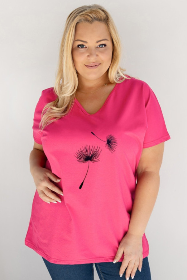 T-shirt damski plus size w kolorze koralowym dekolt w serek nadruk dwa dmuchawce tadi