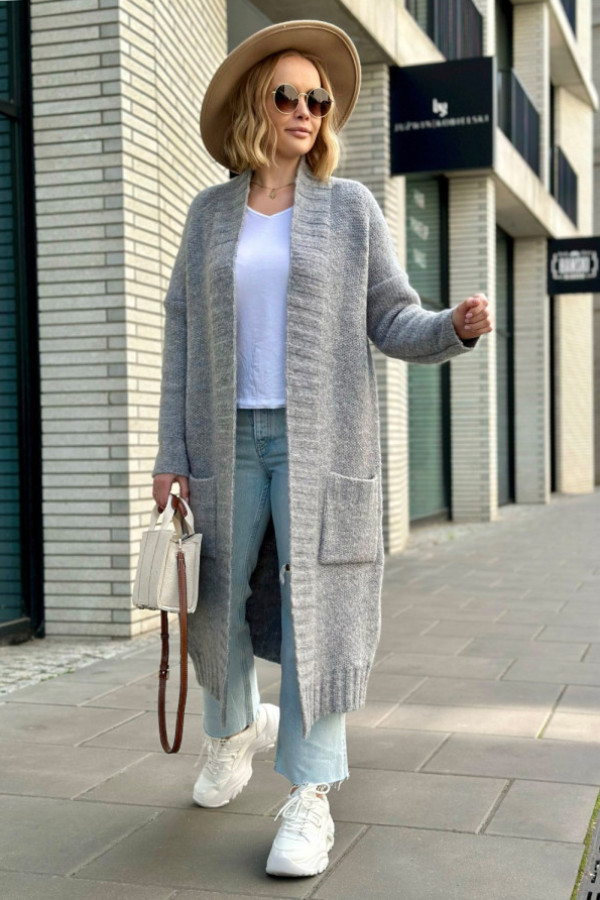 Długi kardigan w kolorze ciemno szarym z kieszeniami cziro